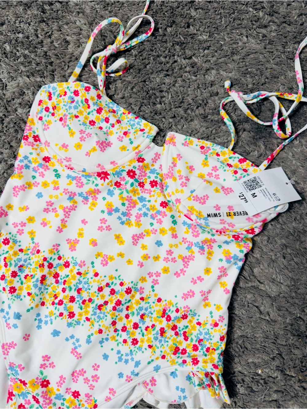 Forever 21 White Floral Bikini One-Piece with Pink Yellow Blue Flowers
